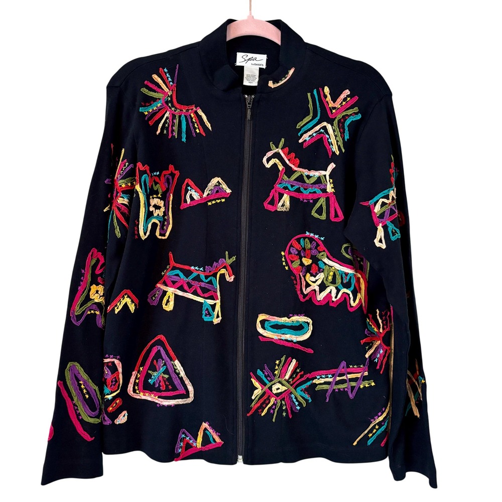 Unique Colorful Abstract Line‎ Art Horse Lion Black Zipper Jacket Spa Chico's L